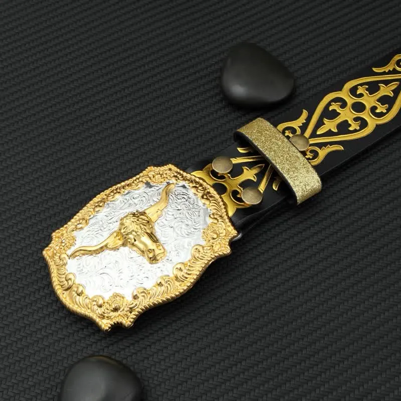 Men's Bull Bronzing Floral Embossed Print Leather Belt sold by FloralTrip product image thumbnail 5