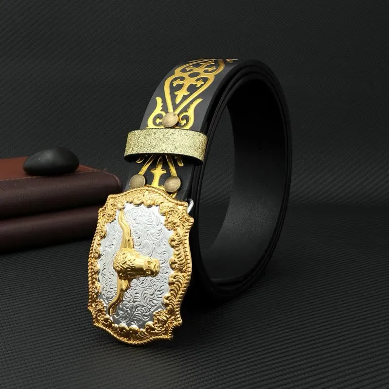 Men's Bull Bronzing Floral Embossed Print Leather Belt sold by FloralTrip product image thumbnail 2