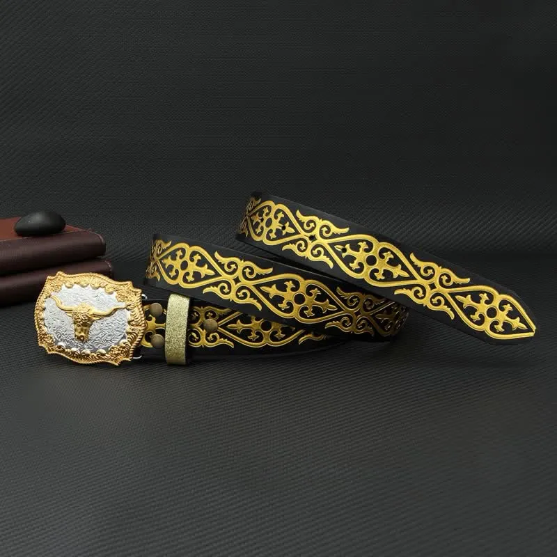 Men's Bull Bronzing Floral Embossed Print Leather Belt sold by FloralTrip product image thumbnail 3