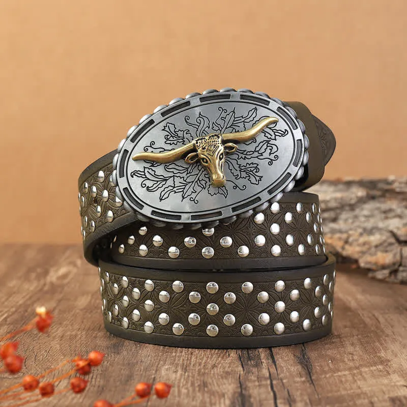 Men's Silver Bull Head Rivets Decors Leather Belt sold by FloralTrip