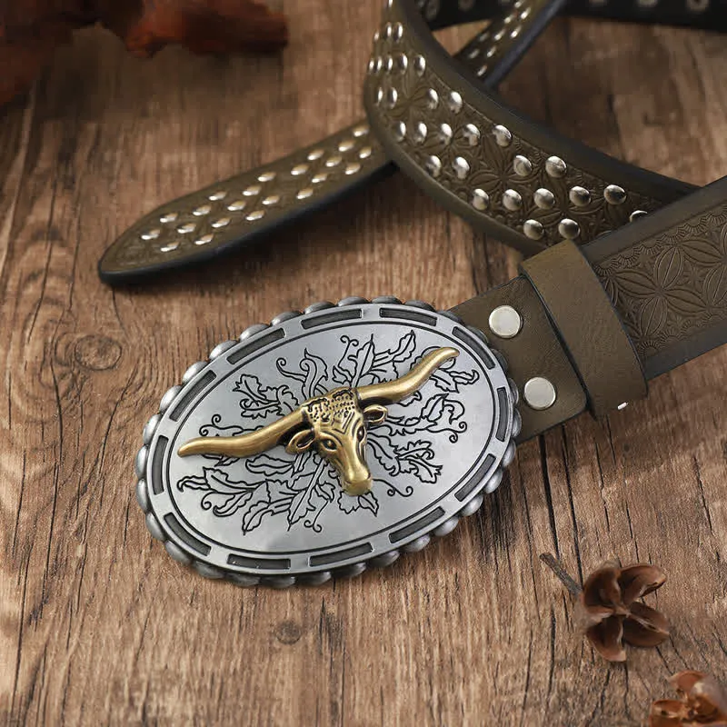 Men's Silver Bull Head Rivets Decors Leather Belt sold by FloralTrip product image thumbnail 2