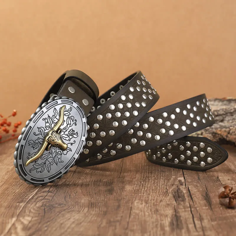 Men's Silver Bull Head Rivets Decors Leather Belt sold by FloralTrip product image thumbnail 3