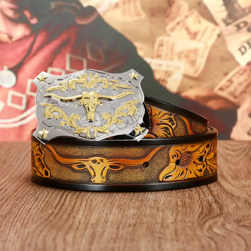 Men's Silver & Gold 3D Bull Head Animal Leather Belt sold by FloralTrip