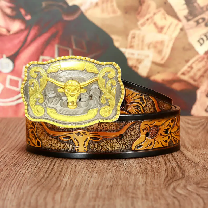 Men's Gold Bull Fighting Attitude Leather Belt sold by FloralTrip