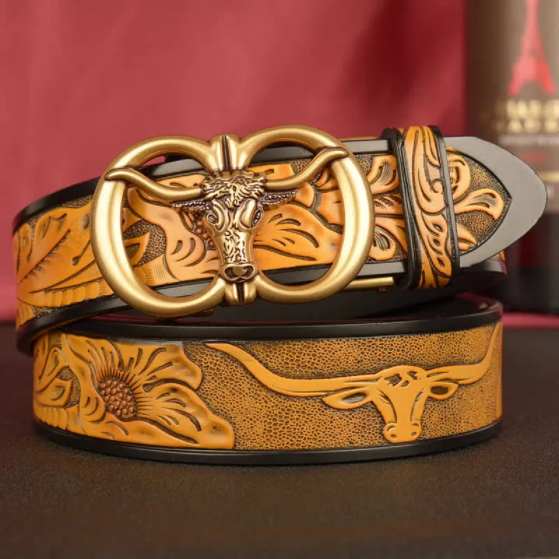 Men's Double Ring Bull Automatic Buckle Leather Belt sold by FloralTrip