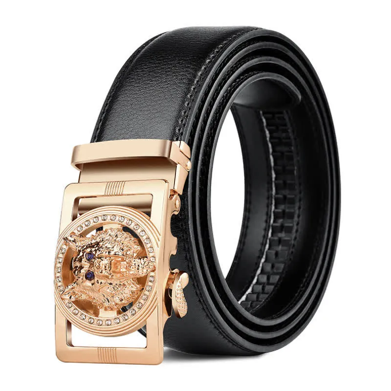 Men's Wolf Head Rhinestone Automatic Buckle Leather Belt sold by FloralTrip