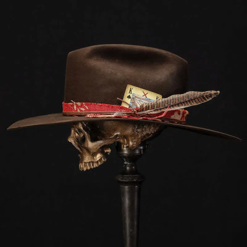 Dark Brown Imitation Wool Red Fabric Cowboy Hat sold by FloralTrip product image thumbnail 3