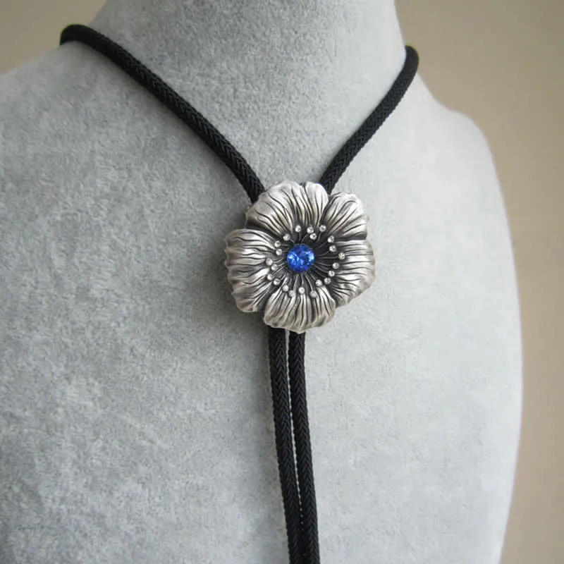 Blue Faux Crystal Rhinestone Flower Shape Bolo Tie sold by FloralTrip product image thumbnail 2