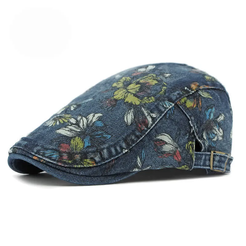 Fashion Floral Printed Denim Flat Beret Hat sold by FloralTrip