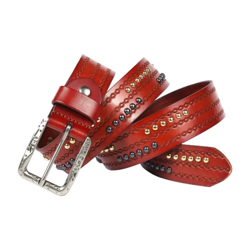 Round Rivet Fancy Stitch Embossed Pattern Leather Belt sold by FloralTrip