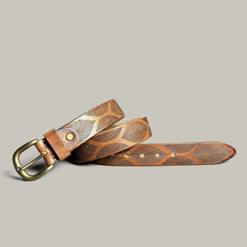 Personalized Distressed Plant Leaves Embossed Leather Belt sold by FloralTrip