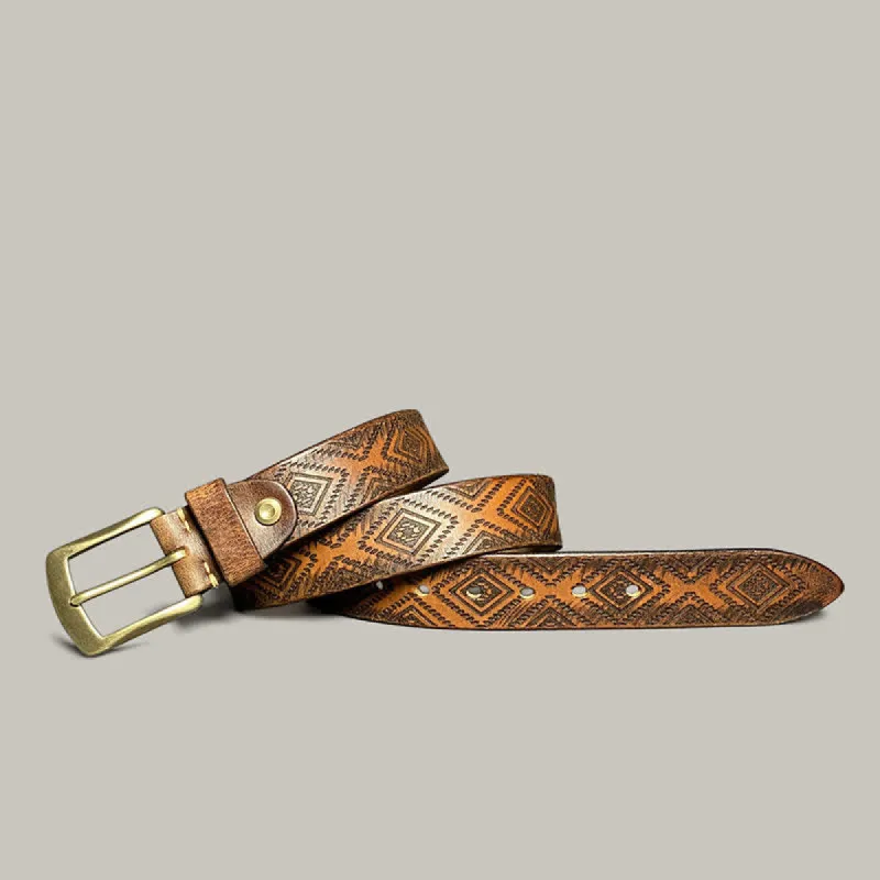Antique Mayan Diamond Carved Printed Leather Belt sold by FloralTrip
