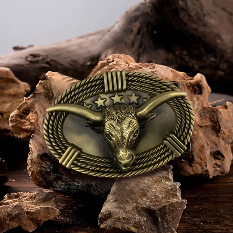 Men's DIY Retro Five Stars Bull Head Buckle Leather Belt sold by FloralTrip