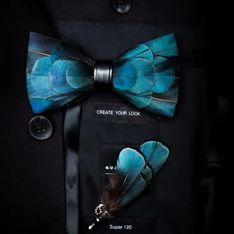 Dark Blue Luxury Natural Feather Bow Tie with Lapel Pin sold by FloralTrip