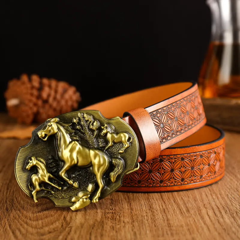 Horse & Cow Buckle Floral Print Leather Belt sold by FloralTrip