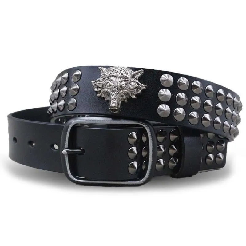 Wolf Head Rivets Three Rows Studded Leather Belt sold by FloralTrip