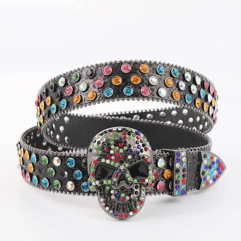 Multicolored Skull Head Rhinestone Glitter Rivets Leather Belt sold by FloralTrip