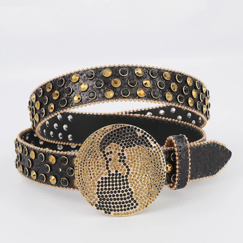 Women's Gold & Black Rhinestone Shiny Rivets Leather Belt sold by FloralTrip
