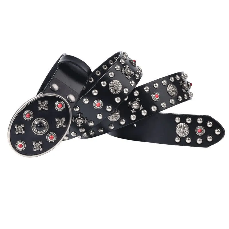 Resin Gemstone Engraved Floral Rivets Leather Belt sold by FloralTrip