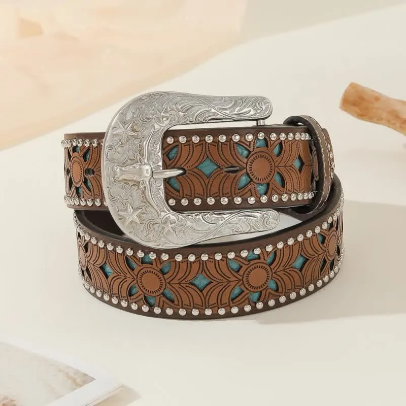 Western Style Carved Rodeo Bull Buckle Leather Belt sold by FloralTrip