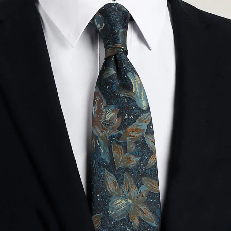 Men's Navy Blue Retro Oil Painting Floral Necktie sold by FloralTrip