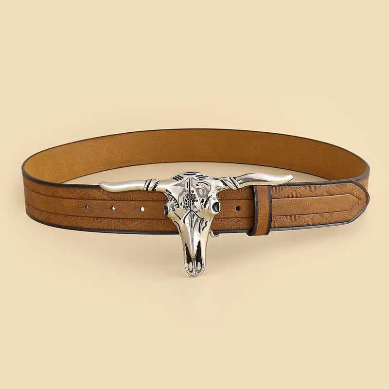 Classic Personality Silver Bull Skull Buckle Leather Belt sold by FloralTrip product image thumbnail 4