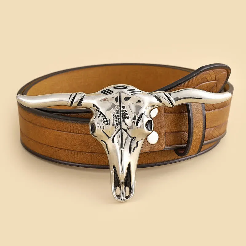 Classic Personality Silver Bull Skull Buckle Leather Belt sold by FloralTrip