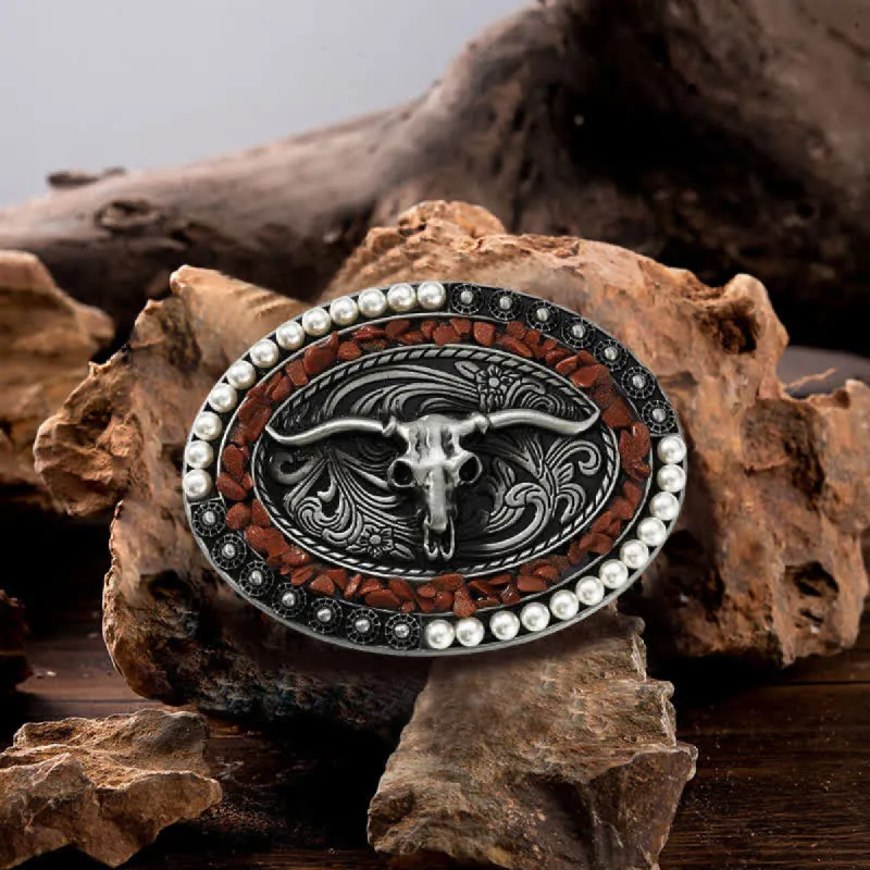 Men's DIY Sparkling Pearl Stones Bull Buckle Leather Belt sold by FloralTrip