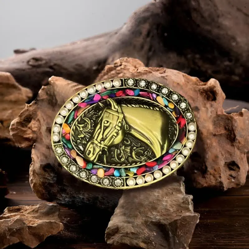 Men's DIY Bronze Horse Pearl Stone Buckle Leather Belt sold by FloralTrip