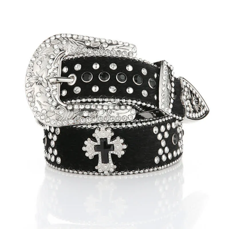 Black Cross Rivet Engraved Buckle Rhinestone Decor Leather Belt sold by FloralTrip