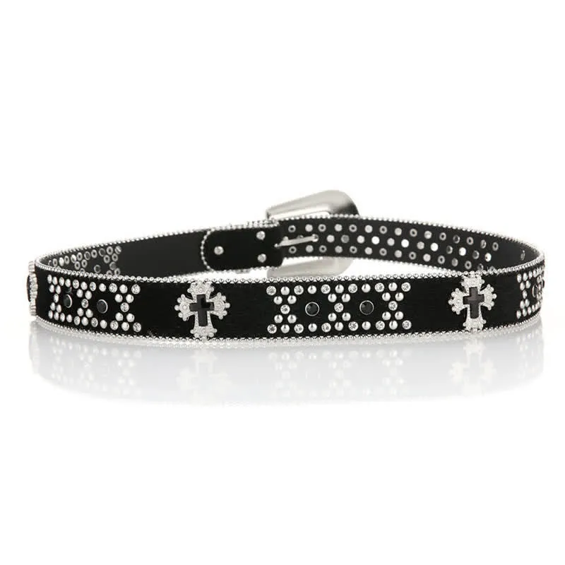 Black Cross Rivet Engraved Buckle Rhinestone Decor Leather Belt sold by FloralTrip product image thumbnail 2