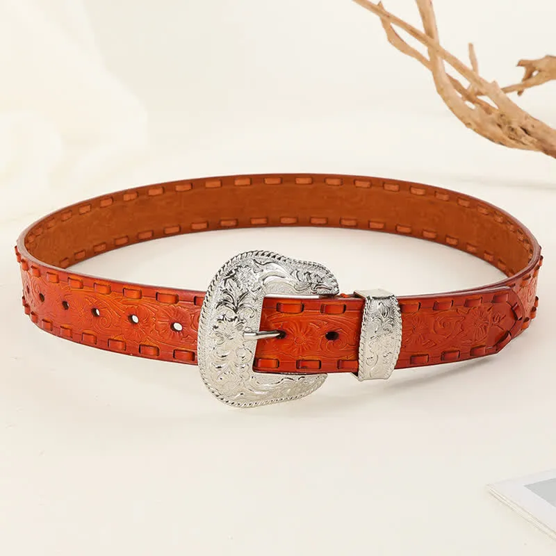 Orange Weave Silver Carved Flower Buckle Leather Belt sold by FloralTrip product image thumbnail 4