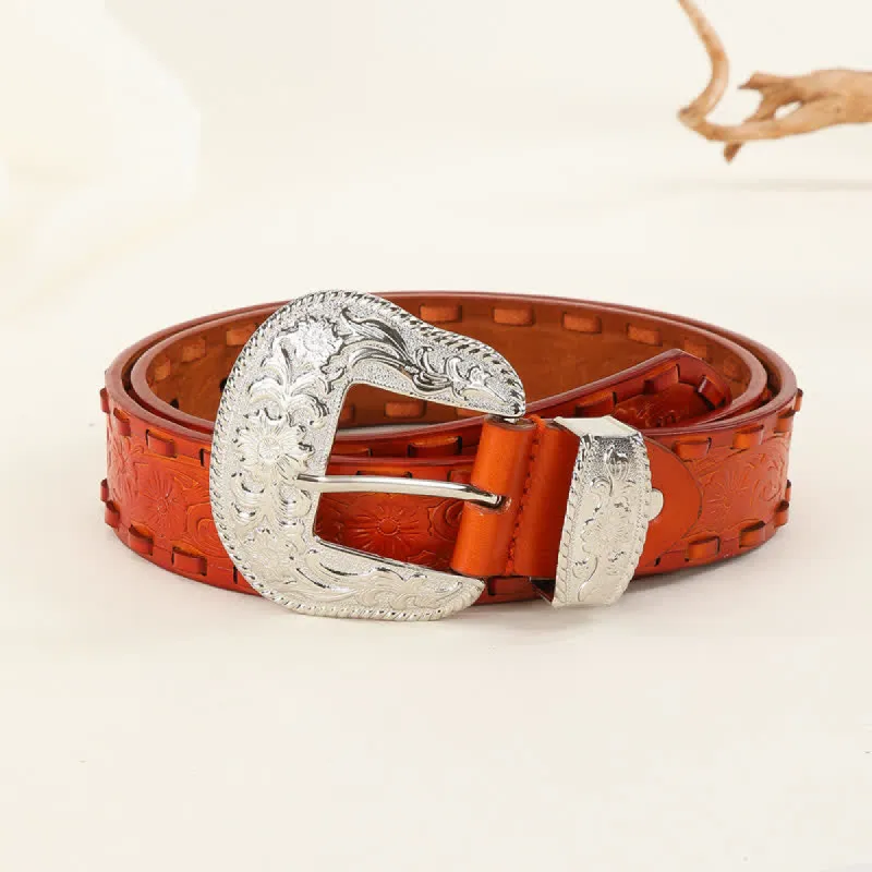 Orange Weave Silver Carved Flower Buckle Leather Belt sold by FloralTrip