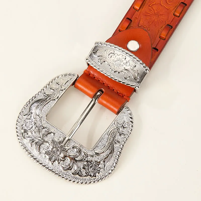 Orange Weave Silver Carved Flower Buckle Leather Belt sold by FloralTrip product image thumbnail 5