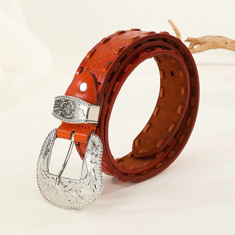 Orange Weave Silver Carved Flower Buckle Leather Belt sold by FloralTrip product image thumbnail 2