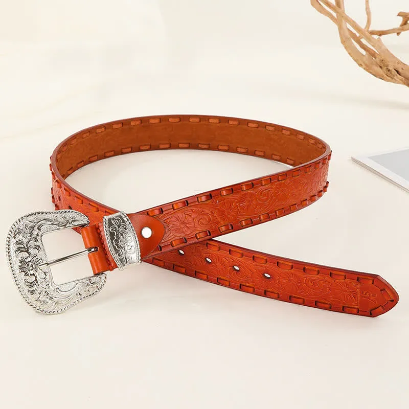 Orange Weave Silver Carved Flower Buckle Leather Belt sold by FloralTrip product image thumbnail 3
