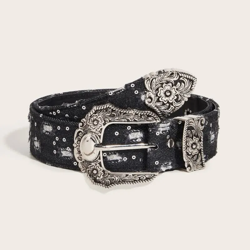 Trendy Unique Engraved Flower Buckle Denim Belt sold by FloralTrip