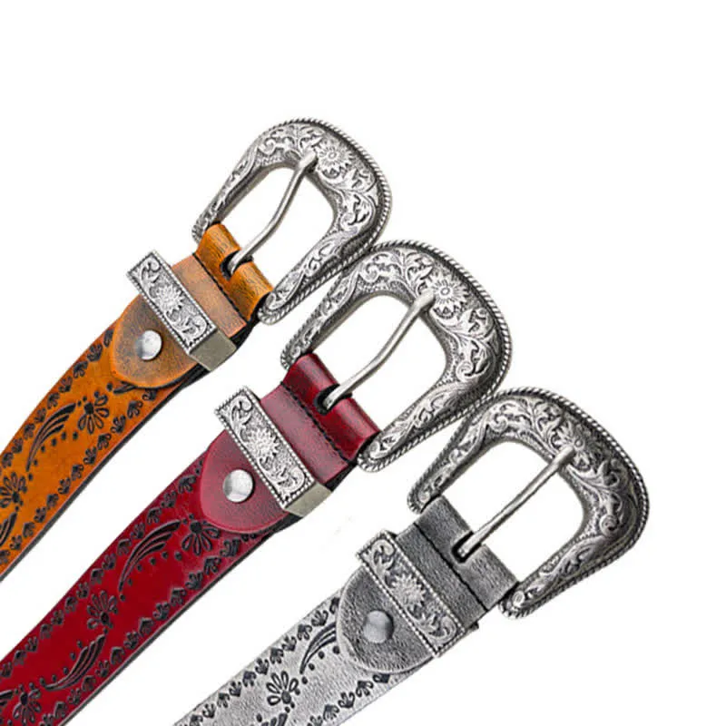 Western Style Floral Engraved Embossed Leather Belt sold by FloralTrip product image thumbnail 4
