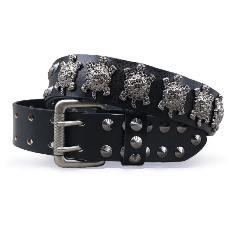 Three-Dimensional Metal Turtle Rivets Double Pin Leather Belt sold by FloralTrip
