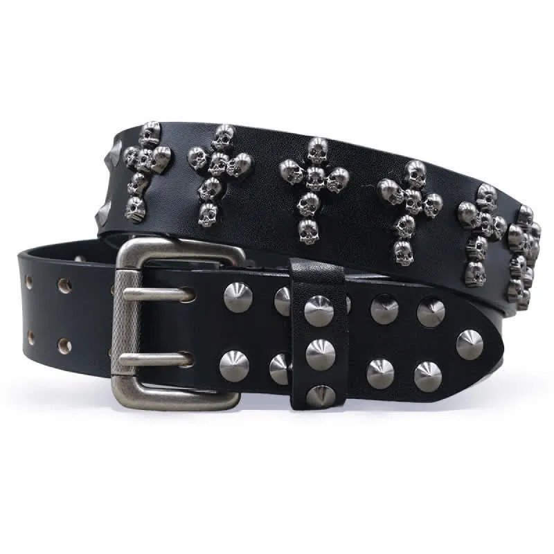 Cross Shape Skull Heads Rivets Double Pin Leather Belt sold by FloralTrip