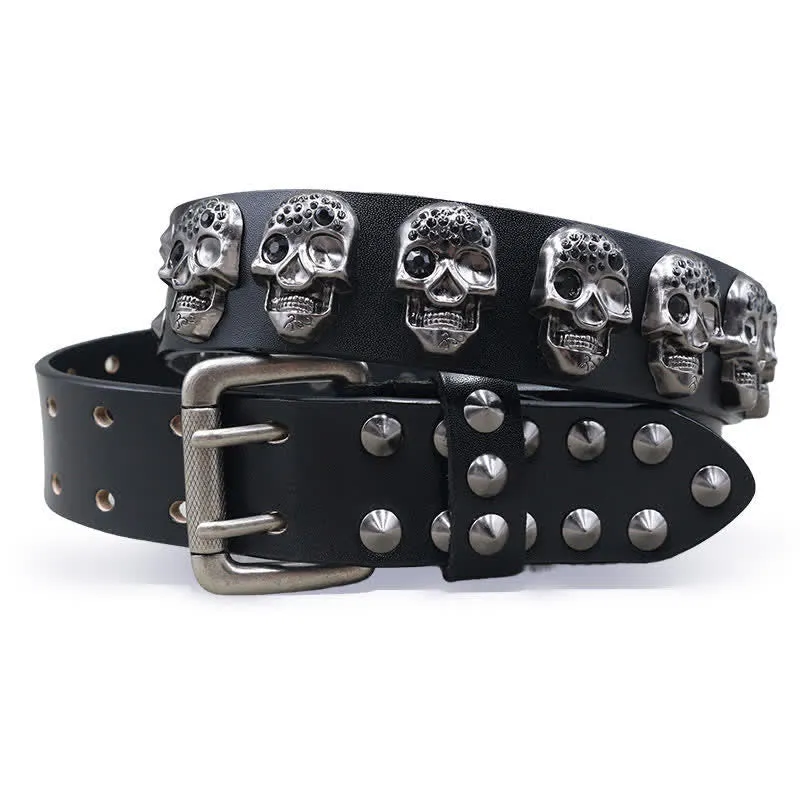 Biker Casual Skulls Rivets Double Pin Leather Belt sold by FloralTrip