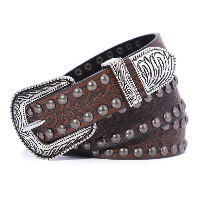 Women's Artistic Embossed Rivets Carved Design Leather Belt sold by FloralTrip