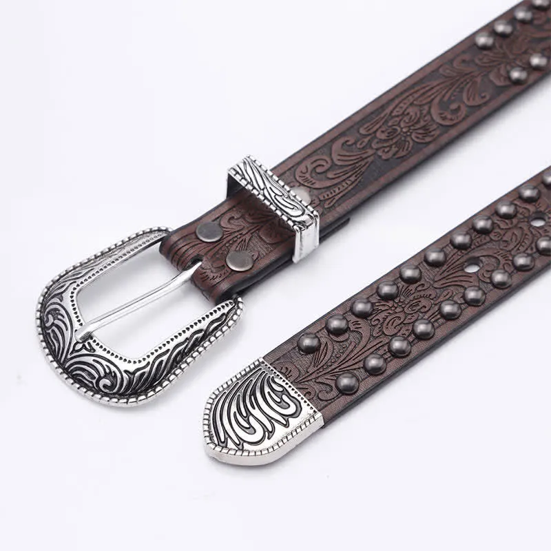 Women's Artistic Embossed Rivets Carved Design Leather Belt sold by FloralTrip product image thumbnail 3