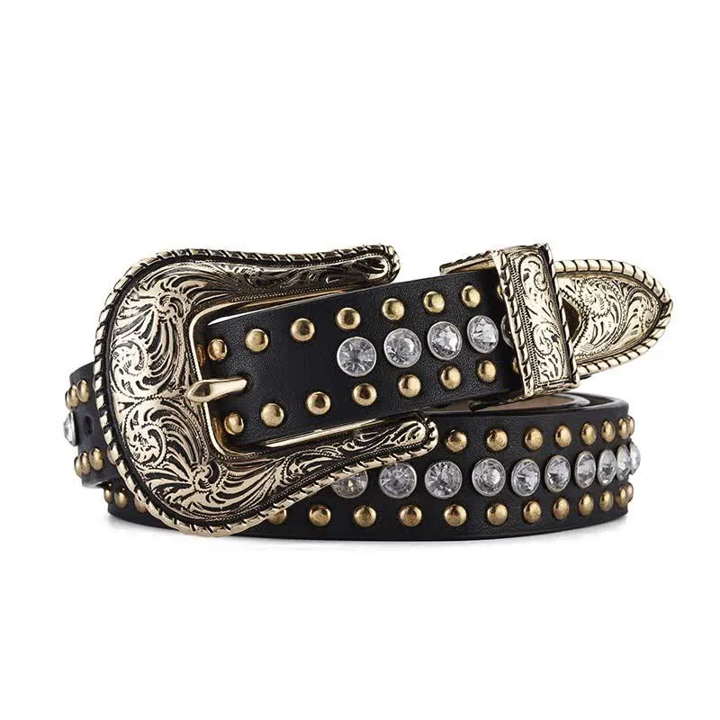 Women's Fashion Luxury Rhinestone Rivets Leather Belt sold by FloralTrip
