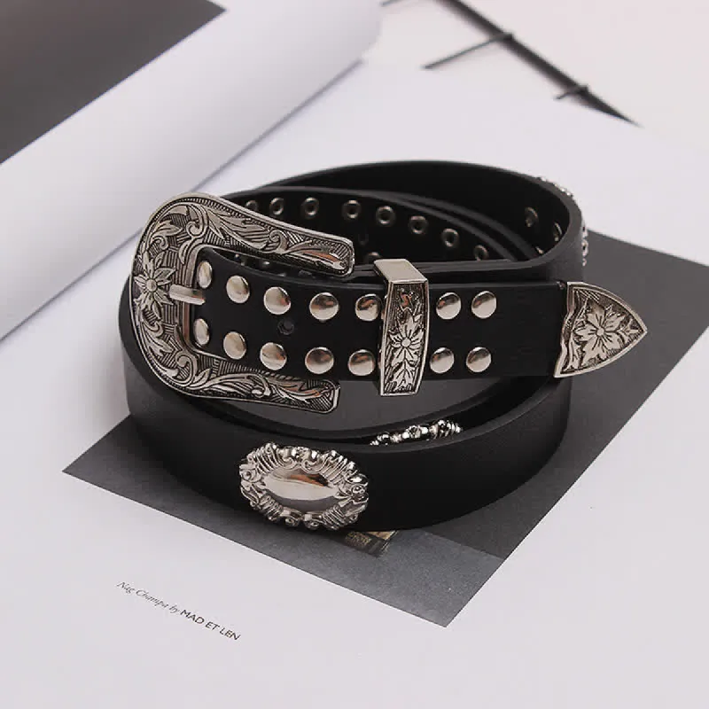 Women's Edgy Silver Rivets Carved Floral Leather Belt sold by FloralTrip