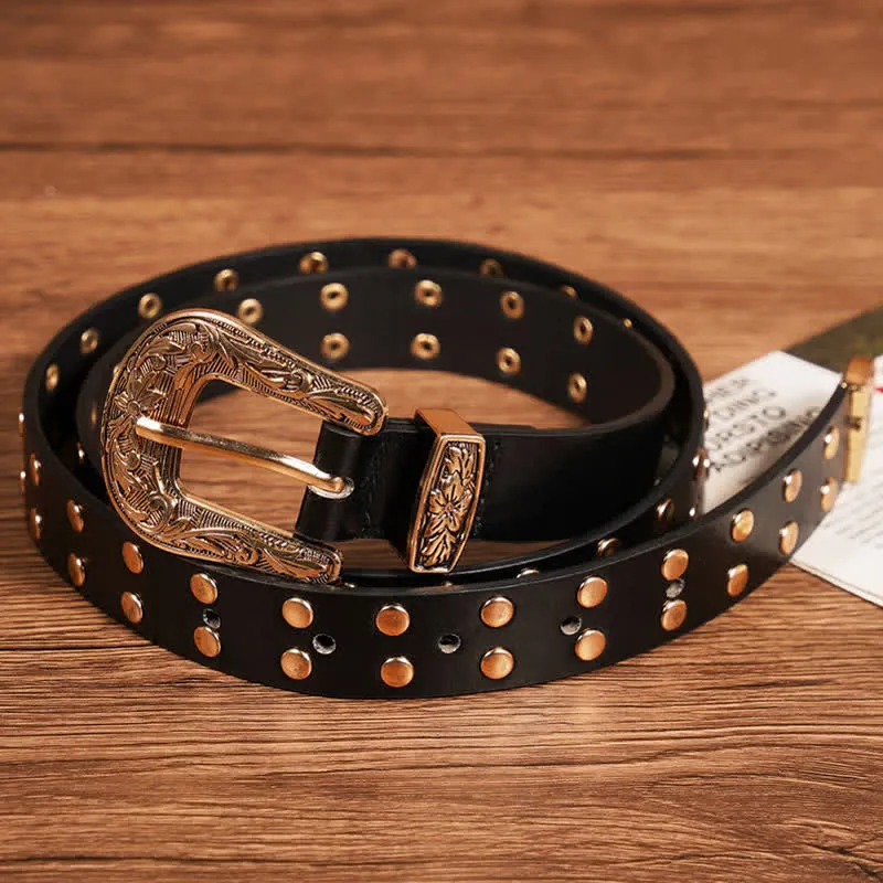 Two Row Gold Rivet Studded Carved Floral Leather Belt sold by FloralTrip product image thumbnail 3