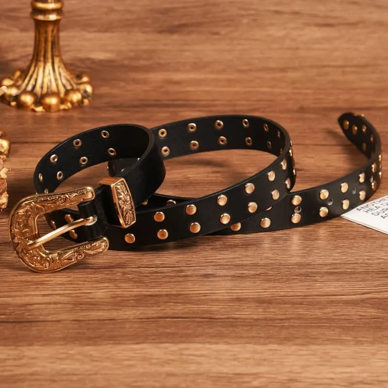 Two Row Gold Rivet Studded Carved Floral Leather Belt sold by FloralTrip product image thumbnail 4