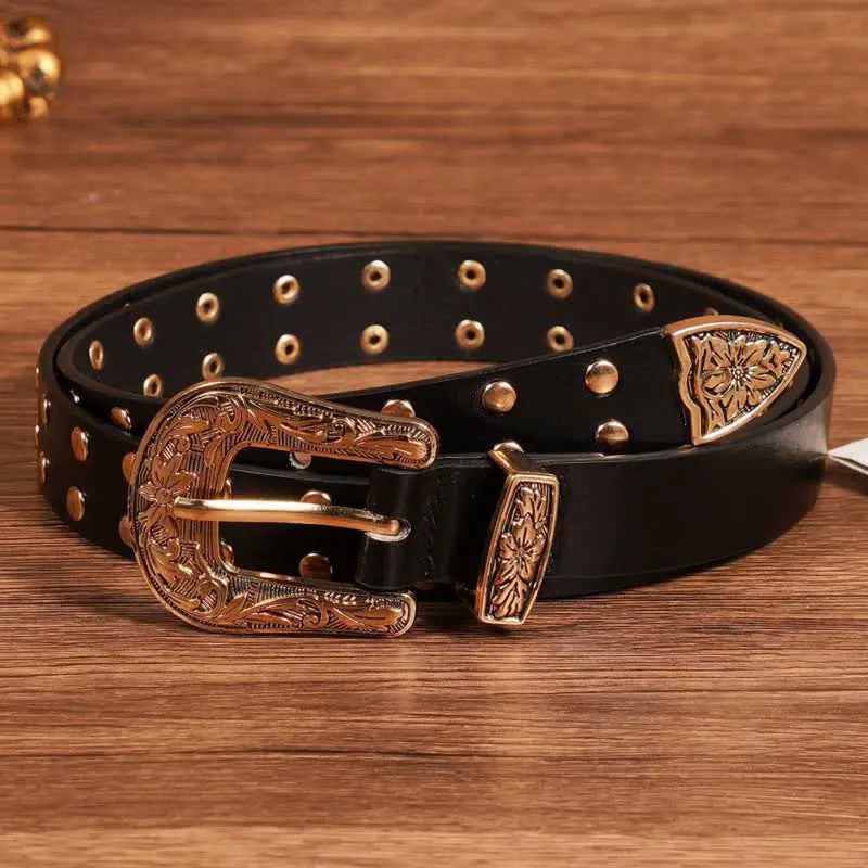 Two Row Gold Rivet Studded Carved Floral Leather Belt sold by FloralTrip