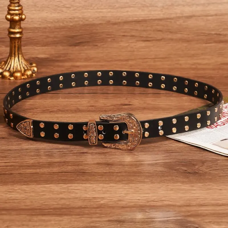 Two Row Gold Rivet Studded Carved Floral Leather Belt sold by FloralTrip product image thumbnail 5