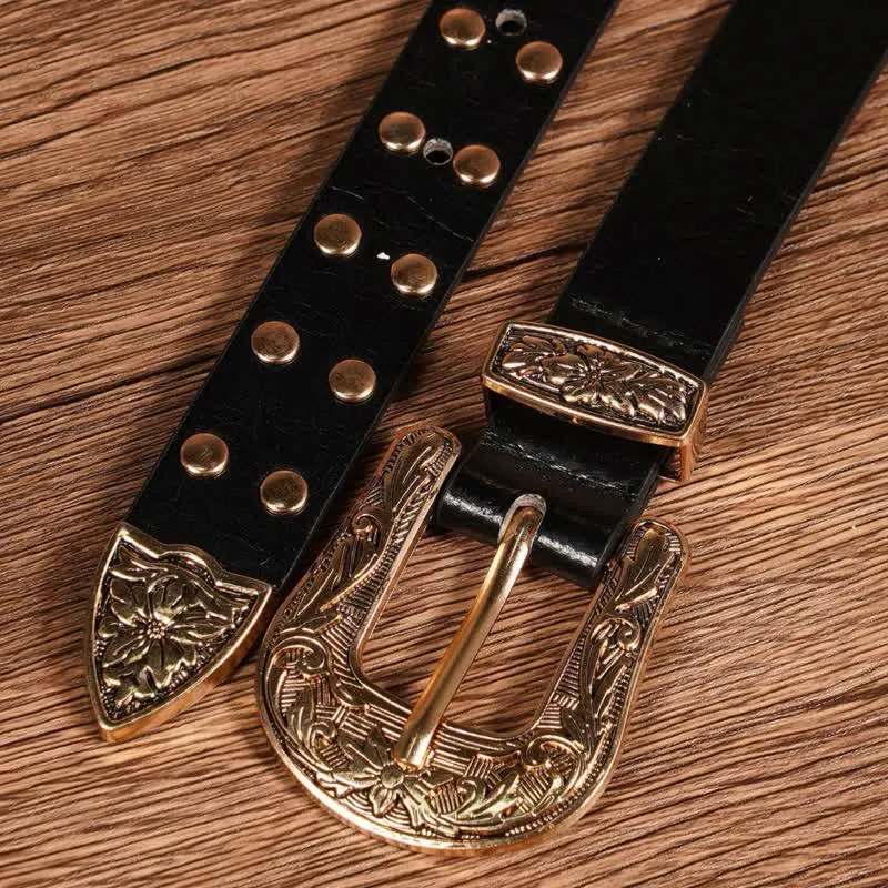 Two Row Gold Rivet Studded Carved Floral Leather Belt sold by FloralTrip product image thumbnail 2